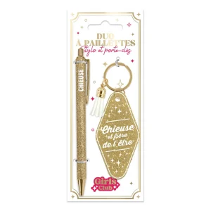 💫 Duo pailleté – Porte-clés & stylo “Chieuse et fière de l’être” ✍️💋