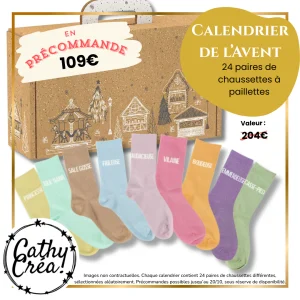 ⭐ Calendrier de l’Avent 100% Paillettes – 24 paires de chaussettes à message