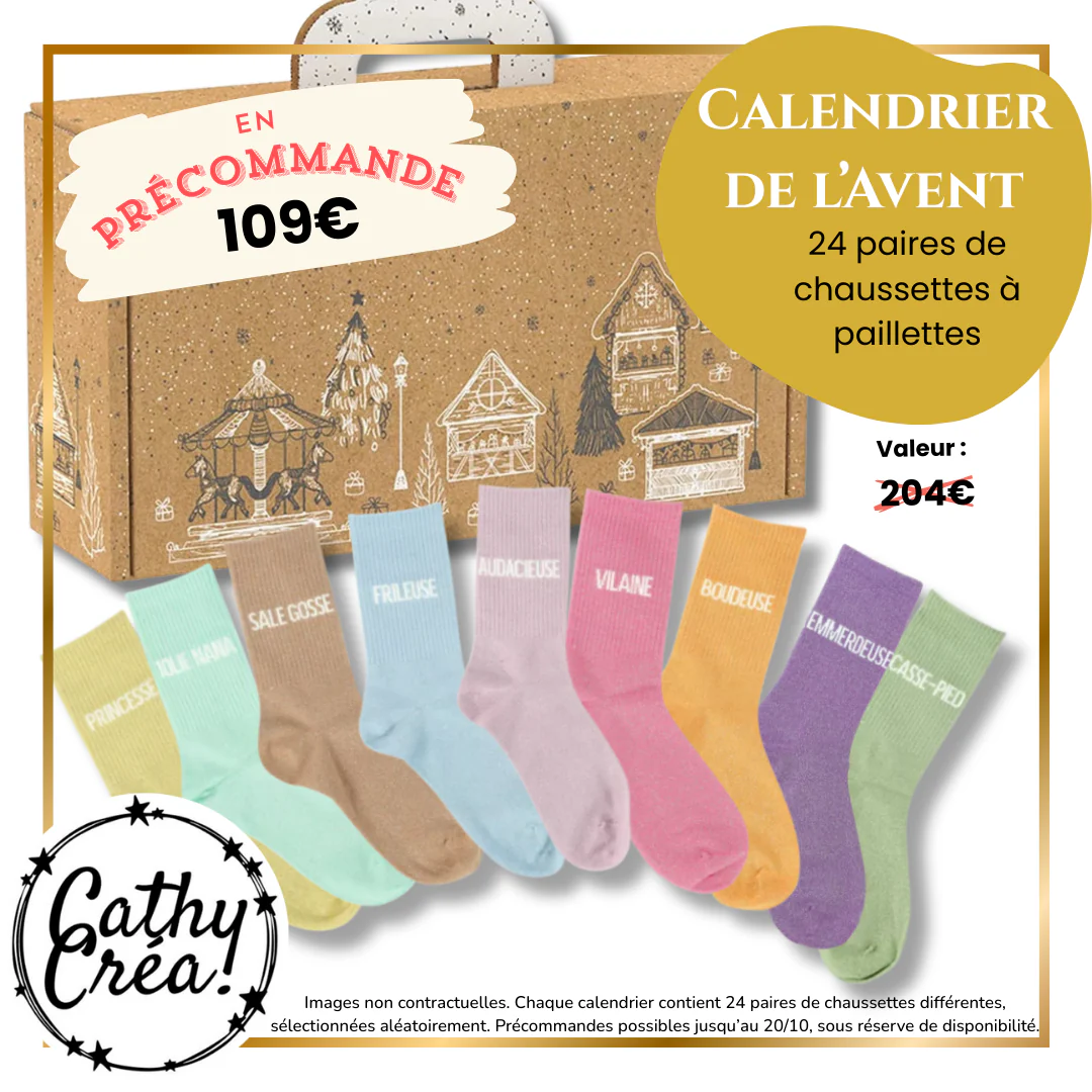 ⭐ Calendrier de l’Avent 100% Paillettes – 24 paires de chaussettes à message