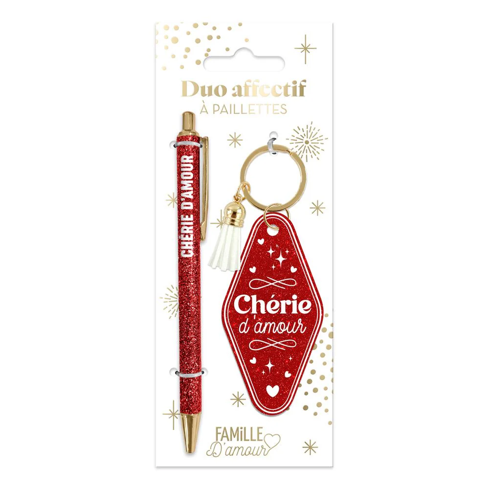 ❤️ Duo pailleté – Porte-clés & stylo “Chérie d’amour” ✨