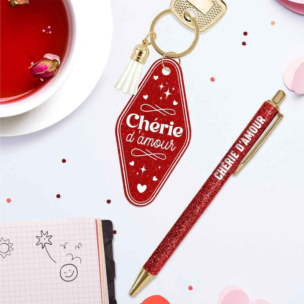 ❤️ Duo pailleté – Porte-clés & stylo “Chérie d’amour” ✨ – Image 2