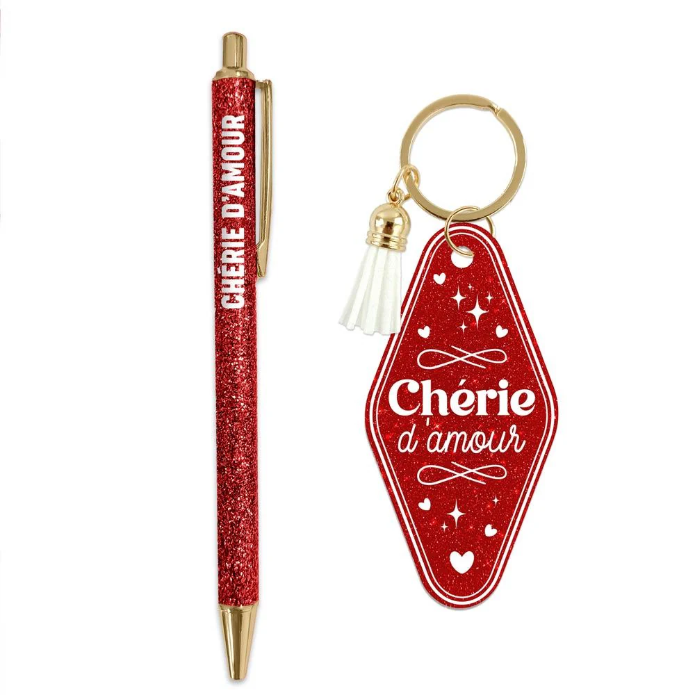 ❤️ Duo pailleté – Porte-clés & stylo “Chérie d’amour” ✨ – Image 3