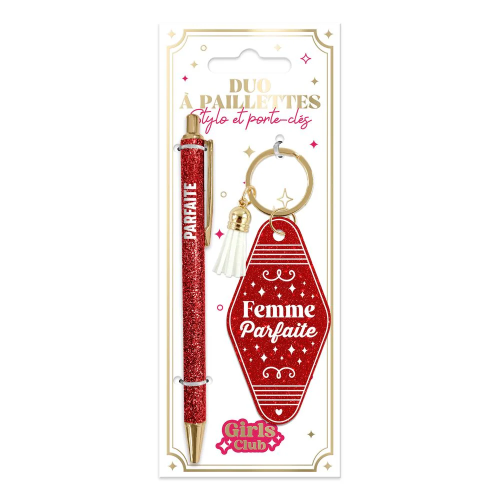 ❤️ Duo pailleté – Porte-clés & stylo “Femme parfaite” ✨