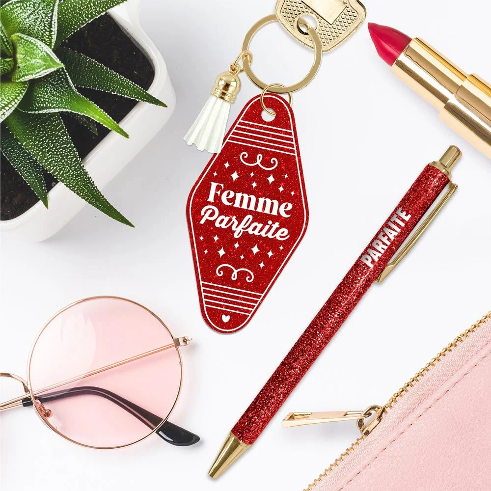 ❤️ Duo pailleté – Porte-clés & stylo “Femme parfaite” ✨ – Image 3