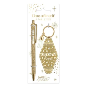 💛 Duo pailleté – Porte-clés & stylo “Maman cool” ✨