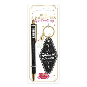 🖤 Duo pailleté – Porte-clés & stylo “Râleuse et j’assume !” ✨