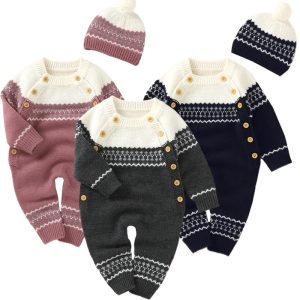 Combinaison Bébé Tricotée avec Bonnet – Body Hiver Automne