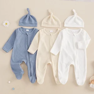 Combinaison Bébé Automne – Romper à Pieds Uni en Coton Gaufré + Bonnet™