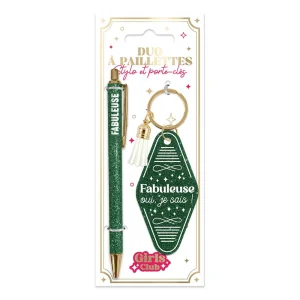 💚 Duo pailleté – Porte-clés & stylo “Fabuleuse oui, je sais” ✨